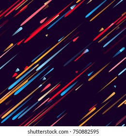Speed Lines, Stripes Seamless Pattern Design. Moving Fast Neon Light Particles, Shooting Stars, Meteorites on Space Background. Seamless Holiday, Cover, Ad, Fashion Pattern