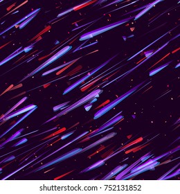 Speed Lines, Stripes Seamless Pattern Design. Moving Fast Neon Light Particles, Shooting Stars, Meteorites on Space Background. Seamless Holiday, Cover, Ad, Fashion Pattern