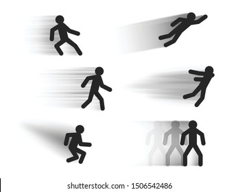 Speed lines vector templates with stick figures in various poses , dark motion blur lines illustrations isolated on white, fast movement effect vector set