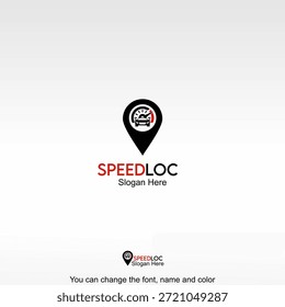 Vector de diseño de Plantilla de logotipos de Speed Loc. Un pin de ubicación con indicadores de rendimiento que representan el seguimiento de la velocidad, el monitoreo del movimiento y el análisis de viajes.