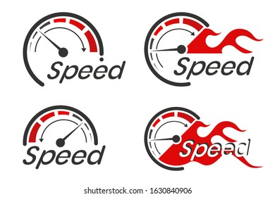 Speed logo with the speedometer concept is isolated on a white background.