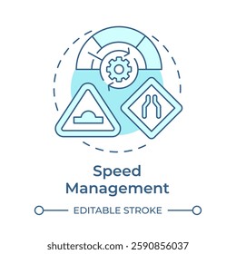 Speed management soft blue concept icon. Traffic calming ensuring strategy. Road safety regulation methods. Round shape line illustration. Abstract idea. Graphic design. Easy to use in brochure