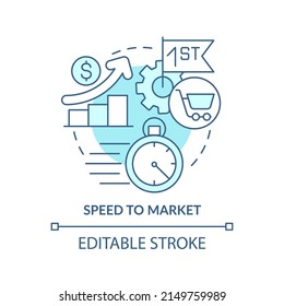 Speed to market turquoise concept icon. Innovative culture abstract idea thin line illustration. New product launch. Isolated outline drawing. Editable stroke. Arial, Myriad Pro-Bold fonts used