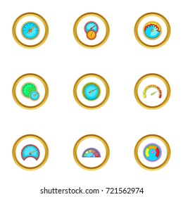 Speed measurement icons set. Cartoon style set of 9 speed measurement vector icons for web design