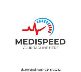 Speed Medical Logo Design. Heartbeat Line And Speedometer Vector Design. Healthcare Logotype