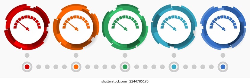 Speed meter concept vector icon set, modern design abstract web buttons in 5 color options, infographic template for webdesign and mobile apps