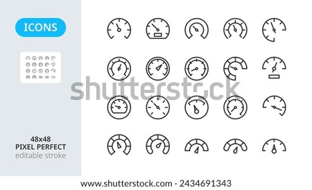 Speed meter icons. Instrument panel for gauge in a car. Internet speed test. Indicator tachometer, voltmeter and measuring instruments. Line symbols. Editable stroke, pixel perfect 48x48.