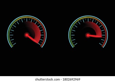 Speed meter with red gauge needle glowing in the dark. Concept of high speed motion. svg