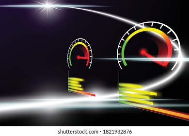 Medidor de velocidad con aguja de calibre rojo y rastro de luz blanca con lente que brilla en la oscuridad. Concepto de movimiento de alta velocidad.