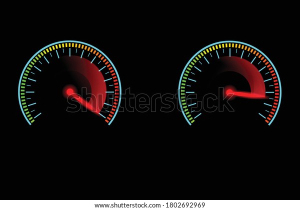 Speed meter with red gauge needle glowing\
in the dark. Concept of high speed\
motion.