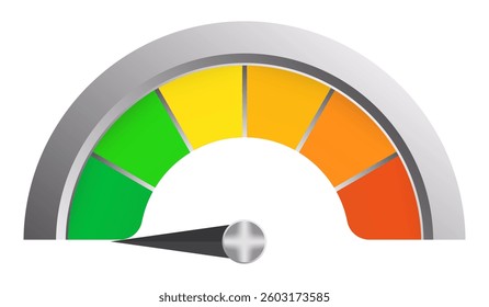 Speed meter set icon. Gauge with green to red levels shows performance, efficiency, risk zone, or energy rating visualization.