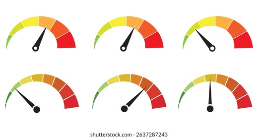Speed metering icon vector illustration isolated on white background. Green yellow and red, low and high barometers. Normal, Medium and High speed measurement tool. Variety speedometer indicator level