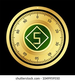 Speed Mining Service (SMS) cryptocurrency safe lock. Eps10 vector illustration isolated on black background.
