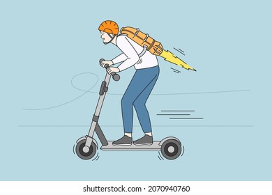 Speed and modern transport concept. Young smiling man in helmet riding scooter with rocket on back vector illustration 