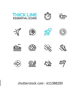 Speed - modern vector single thick line icons set. Timer, bullet, boomerang, fist, rocket, meter, car, sneaker, arrow, snail, rabbit, flag