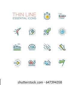 Speed - modern vector single thin line icons set. Timer, bullet, boomerang, fist, rocket, meter, car, sneaker, arrow, snail, rabbit, flag