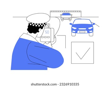 Speed monitoring abstract concept vector illustration. Road patrol officer with radar checks cars speed, ground transportation, personal transport surveillance process abstract metaphor.