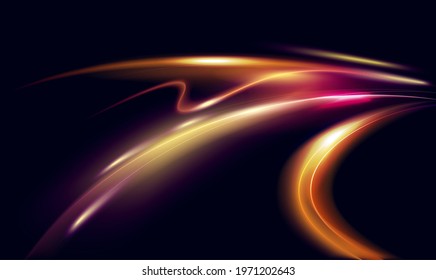 Speed motion abstract light effect at night vector illustration. Magic neon smooth glowing track lines, blurry bright long exposure car trail of dynamic speed city road, movement on black background
