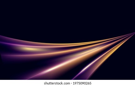 Speed motion abstract light effect at night vector illustration. Magic neon smooth glowing track lines, blurry bright long exposure car trail of dynamic speed city road, movement on black background