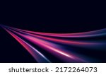 Speed motion abstract violet purple light effect at night vector illustration. Magic neon smooth glowing track lines, bright long exposure trail dynamic speed city road, movement black background