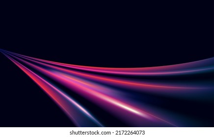 Speed motion abstract violet purple light effect at night vector illustration. Magic neon smooth glowing track lines, bright long exposure trail dynamic speed city road, movement black background