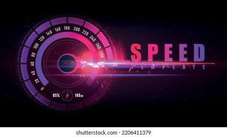 Speed motion background. Cyberspace, poster or banner for website. Dashboard and infographics, statistics. Vehicle and machine speedometer. Interface, UI and UX. Cartoon neon vector illustration