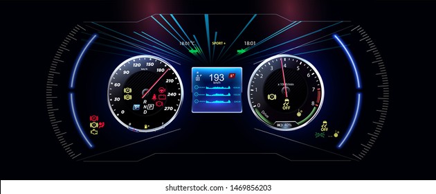 Speed motion background with fast speedometer car. Futuristic  HUD, GUI interface screen design. Sci-Fi virtual reality technology view display. Vector