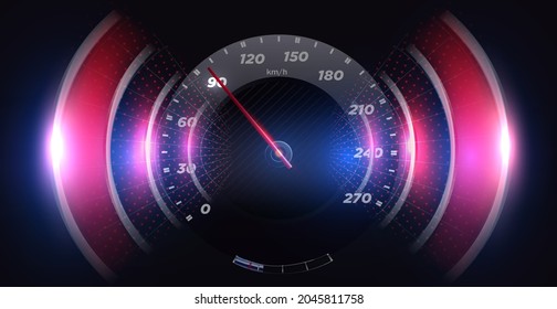 Speed motion background with fast speedometer car. Futuristic HUD, GUI interface screen design. Sci-Fi virtual reality technology view display. Vector