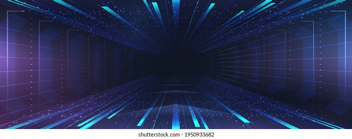 Speed motion background with glow and lights effects. Futuristic design VR cyberspace with lights and glare. Abstract speed background. Vector illustration virtual reality