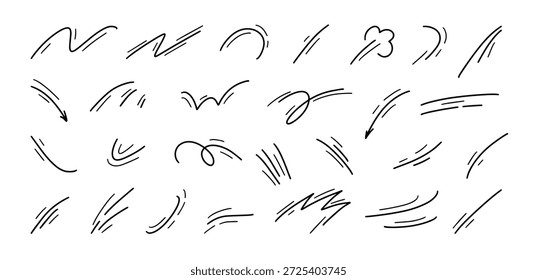 Conjunto de doodle de movimento de velocidade. Esboço vento rastejar trilhas e curvas dinâmicas rápidas para ação cômica, efeitos de impacto anime, desenho animado mangá energia destaque, rajada. Conjunto isolado de vetores de traços cinéticos desenhados à mão.