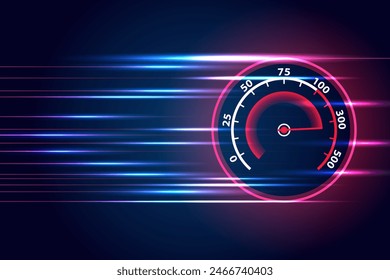 Movimiento de velocidad con el coche velocímetro rápido en el fondo de color azul oscuro. Diseño de movimiento de alta velocidad. Ilustración vectorial.