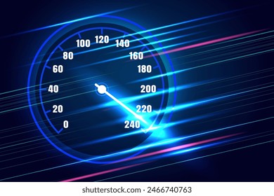Movimiento de velocidad con el coche velocímetro rápido en el fondo de color azul oscuro. Diseño de movimiento de alta velocidad. Ilustración vectorial.