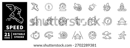 Speed and motion icons set. editable line icons, outline, fast and dynamic symbols