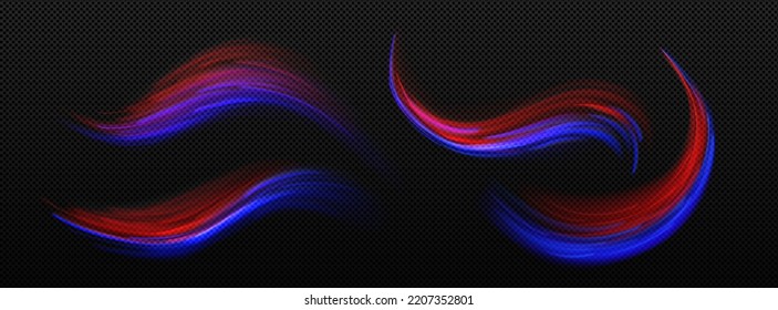 Speed motion light effect, blue and red trails of dynamic movement, glow of road traffic at night. Abstract wavy light stripes, shiny lines isolated on transparent background, vector realistic set