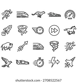 Conjunto de iconos de velocidad y línea de movimiento. 20 símbolos de Vector de contorno de transporte rápido, animales y conceptos como cohete, guepardo, coche de carreras y cronómetro para un diseño rápido.