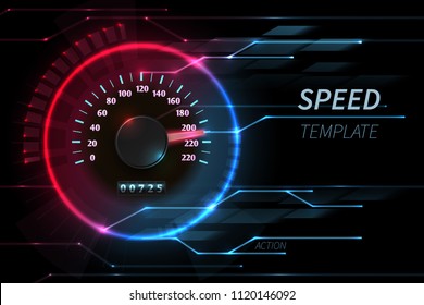 Speed Motion Line Vector Abstract Tech Background With Car Racing Speedometer. Fast Auto Race, Sport Drive Illustration