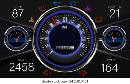 Speed motion line vector abstract tech background with car racing speedometer. Fast auto race, sport drive illustration