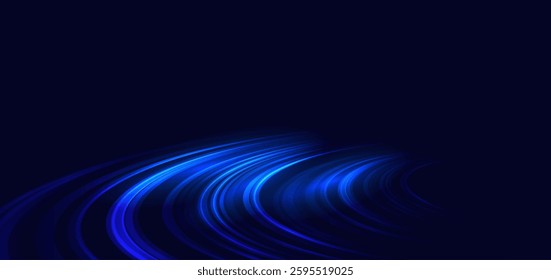 Speed motion movement horizontal blue curved lines on drak blue background with sparkle. Hi-speed racer car blue motion concept. Vector illustration