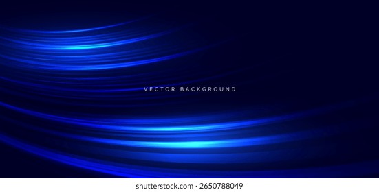 Movimento de velocidade linhas curvas azuis horizontais no fundo azul escuro com brilho. Conceito de movimento azul de carro de corrida de alta velocidade. Ilustração vetorial