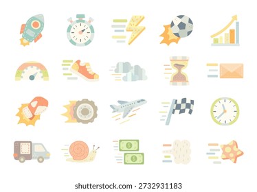 Velocidade de movimento definido em estilo escandinavo, incluindo cronômetro de foguete, relâmpago gráfico, velocímetro, tênis, nuvem, ampulheta, carta, luva, roda, relógio de avião