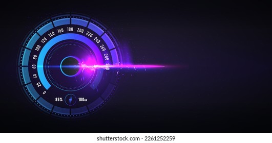 Speed motion for text. Infographics and dashboard, car speedometer. Landing page design. Energy reserve, innovation. Racing velocity background. Isometric neon vector illustration