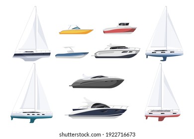 Speed motor boat, sail-boat and luxury yacht nautical vessel. Cruise sailboat, surfing and yachting vessel, motorboat for water sport set vector illustration isolated on white background