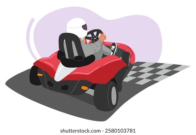 Speed motor racer driving kart automobile participating in extreme auto racing competition activity view from back. Professional driver enjoying go-carting sports entertainment vector illustration