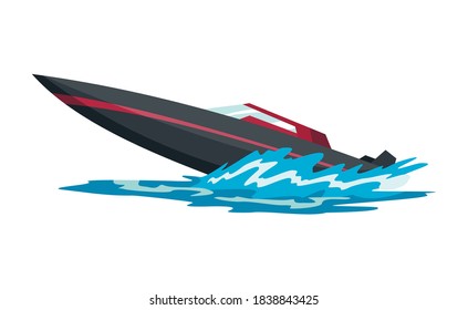 Speed motorboat. Sea or river vehicle. Sport nautical summer transportation. Motorized water vessel on sea water waves. Isolated on white background