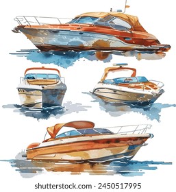 Speed motorboat. Sea or river vehicle. Sport. Watercolor vector illustraion