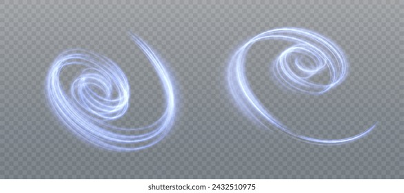 The speed of movement of a light vortex of blue light. A whirlwind of bright blue light. Abstract curved light effect of bright lines. Vector PNG