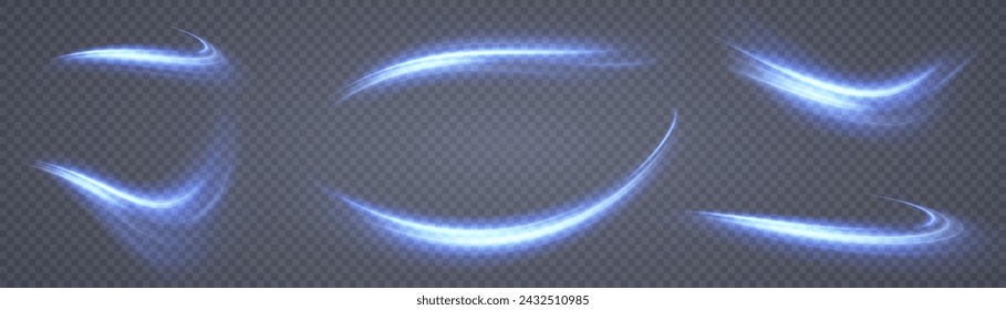 The speed of movement of a light vortex of blue light. A whirlwind of bright blue light. Abstract curved light effect of bright lines. Vector PNG