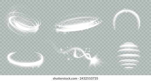 The speed of movement of a light vortex of bright light. A whirlwind of bright white light. Abstract curved light effect of bright lines. Vector PNG