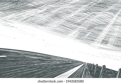 Speed and movement on a desert road. Drawing in the style of ink drawing vector