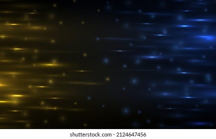 Speed movement pattern design background concept. Abstract glow light lines, golden motion light. Gold glowing neon lines in motion. Yellow and blue horizontal lens flares pack. Vector illustration.